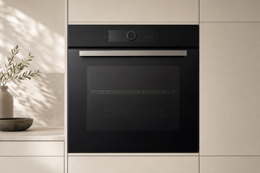 Eingebauter Backofen mit dunkler Glastür in heller Küche