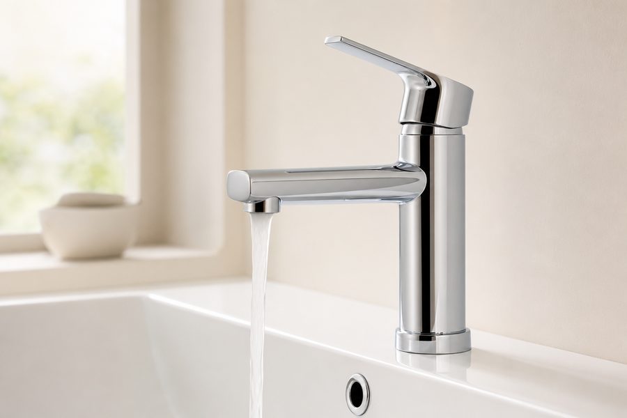 Chrom-Einhebelmischer an weissem Waschbecken mit laufendem Wasser