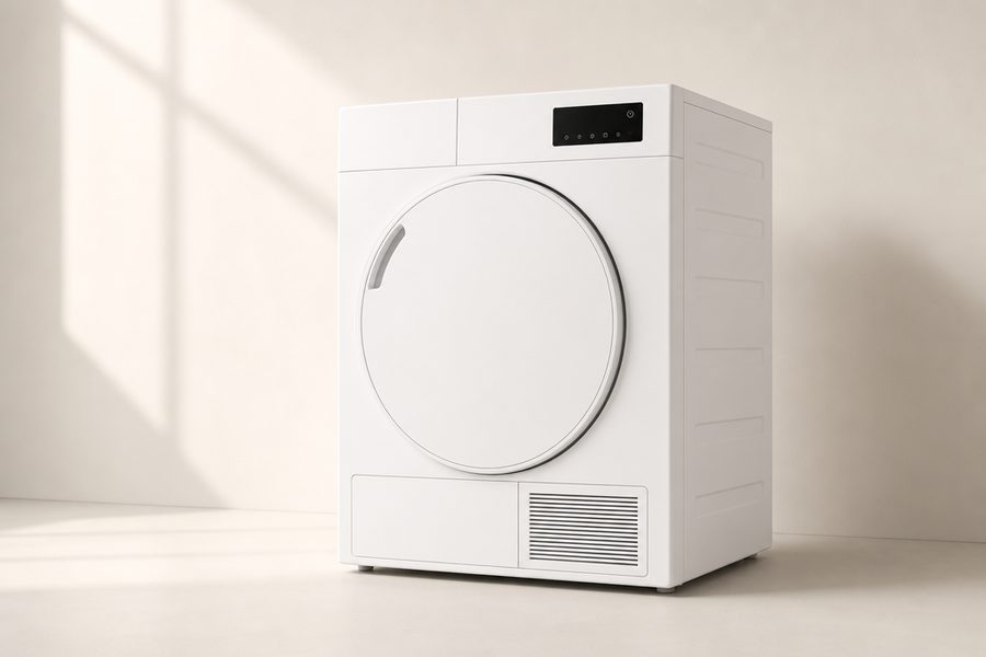 Weisser Wäschetrockner mit runder Tür und Display
